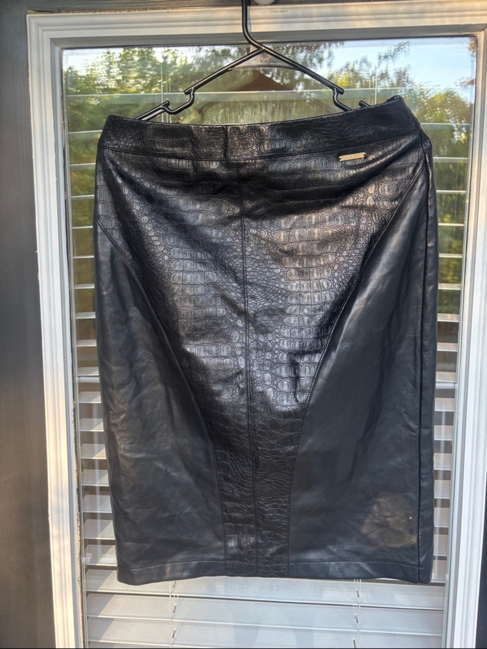 Women's Black Faux Leather Pencil Skirt with Croc Texture